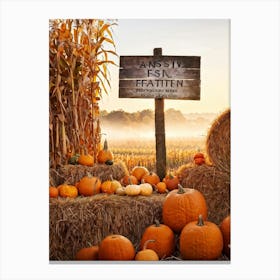 Autumn Harvest Celebration Pumpkins And Gourds Of Various Sizes Nestled In A Straw Bale Mound Flan (5) Canvas Print