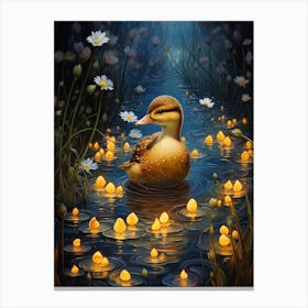 Duckling At Night With Fireflies 2 Canvas Print