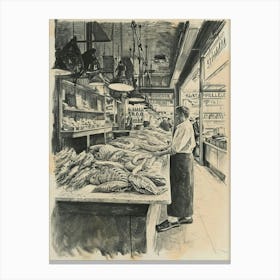 Detailed Black & Sepia Illustration Of A Market Hall Canvas Print