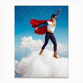 1980s Style Superhero Clad In Vintage Pilot Attire Soaring Above Cloud Banks Cotton White Cumulo (1) Canvas Print