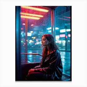 Pensive Woman Seated Inside A Wet Bus Shelter Evening Ambience Subtle Reflections On Glass Neon L Leinwandbilder