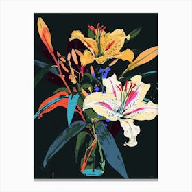 Neon Flowers On Black Bouquet 7 Canvas Print