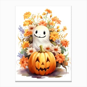 Cute Ghost With Pumpkins Halloween Watercolour 122 Canvas Print