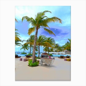 Beach Scene With Palm Tree Swimming Pool Boat Canvas Print