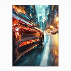 Red Sports Car Driving On City Street Canvas Print
