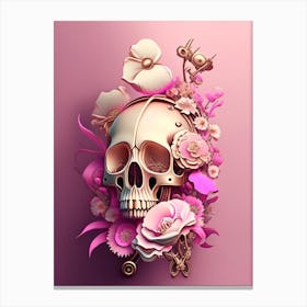 Skull With Steampunk 3 Details Pink Vintage Floral Canvas Print