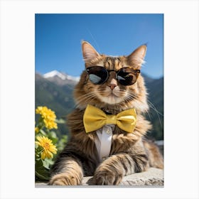 Cat Outfitted In Sharp Business Attire With A Fashionable Yellow Bow Tie Resting Sunglasses Atop It (3) Canvas Print