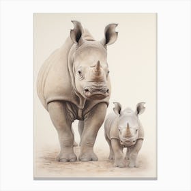 Rhino & Baby Rhino Detailed Illustration 4 Canvas Print