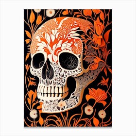 Skull With Floral Patterns 2 Orange Linocut Canvas Print