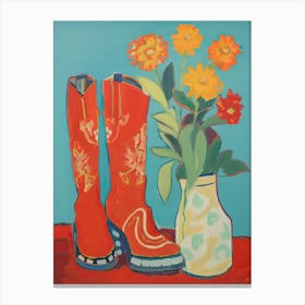 Painting Of Orange Flowers And Cowboy Boots, Oil Style 1 Canvas Print