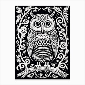 B&W Bird Linocut Owl 1 Canvas Print