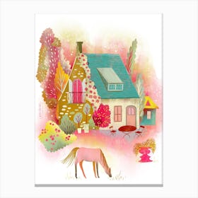 French Country Garden House With Horse Canvas Print