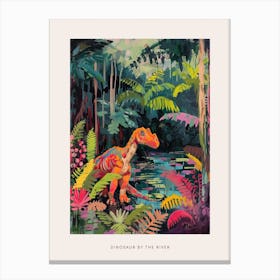 Dinosaur By The River Landscape Painting 2 Poster Canvas Print