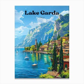 Lake Garda Italy Beautiful Travel Illustration Canvas Print