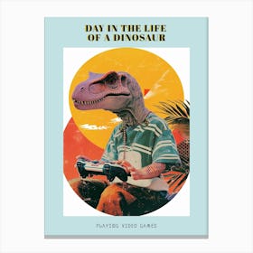Retro Collage Dinosaur Playing Video Games 1 Poster Canvas Print