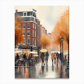 Amsterdam cafes, autumn season, rain, autumn oil colours.Faded colours,People passing on the street, winter clothes, rain umbrellas.9 3 Canvas Print