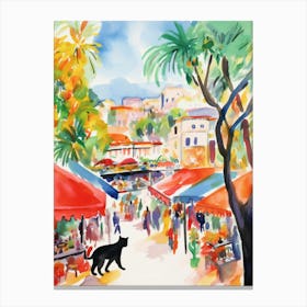 Food Market With Cats In Malibu 4 Watercolour Canvas Print