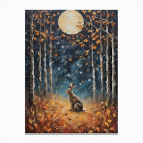 Cottagecore Hare in Autumn Forest - Acrylic Paint Little Fall Rabbit Bunny Bunnies Art with Falling Leaves at Night on a Full Moon, Perfect for Witchcore Cottage Core Pagan Tarot Celestial Zodiac Gallery Feature Wall Beautiful Woodland Creatures Series HD Canvas Print