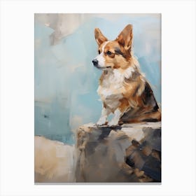 Corgi Dog, Painting In Light Teal And Brown 1 Canvas Print