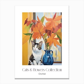 Cats & Flowers Collection Orchid Flower Vase And A Cat, A Painting In The Style Of Matisse 1 Canvas Print
