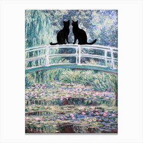 Cats in Love on Monet's Garden Bridge Giverny - Claude Money Black Cat Art Prints Funny Wall Decor in HD Canvas Print