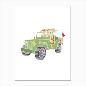 Meerkats In Landrover Defender Jeep, Fun Safari Animal Print, Portrait Canvas Print