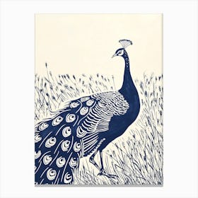 Peacock Walking In The Grass Linocut Inspired 2 Canvas Print