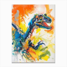 Dinosaur Running Blue Orange Brushstrokes 1 Canvas Print