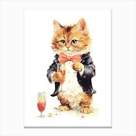 Vintage Smart Cat With A Drink Kitsch Canvas Print