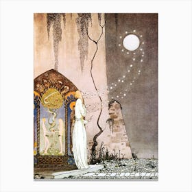 "She Could Not Help Setting The Door A Little Ajar Just To Peep In When Pop Out Flew The Moon" by Kay Nielsen - East of the Sun and West of the Moon 1914 - Vintage Victorian Fairytale Art Signed Remastered High Resolution Canvas Print