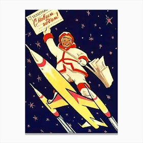 Newspaper Boy On Space Rocket, Soviet New Year Greeting Canvas Print