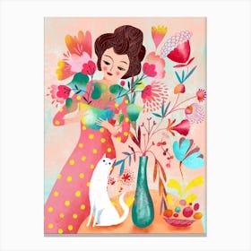 Lady And Cat Floral Arrangement Canvas Print
