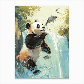 Giant Panda Catching Fish In A Waterfall Storybook Illustration 3 Canvas Print