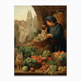 Cats At The Fruit Stall In A Medieval Market Canvas Print