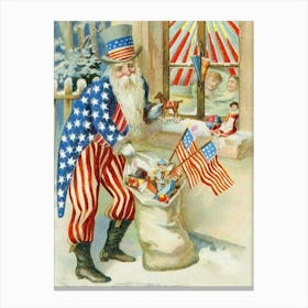 Patriot Santa Claus With Toys And Flags Canvas Print