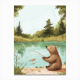 Sloth Bear Catching Fish In A Tranquil Lake Storybook Illustration 3 Canvas Print