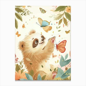 Sloth Bear Cub Playing With Butterflies Storybook Illustration 1 Canvas Print