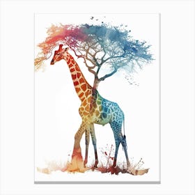 Giraffe Under The Acacia Tree Watercolour 4 Canvas Print