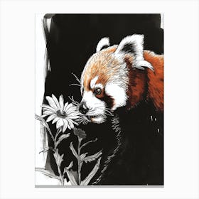 Red Panda Sniffing A Flower Ink Illustration 1 Canvas Print