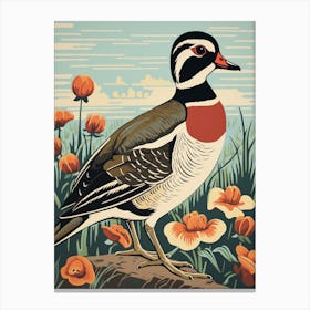 Vintage Bird Linocut Wood Duck 4 Canvas Print