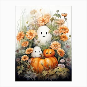 Cute Bedsheet Ghost, Botanical Halloween Watercolour 46 Canvas Print