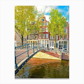 Canal Houses And Bridge In Amsterdam Canvas Print