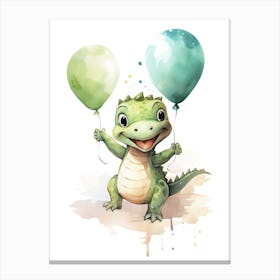 Baby Alligator Flying With Ballons, Watercolour Nursery Art 2 Canvas Print