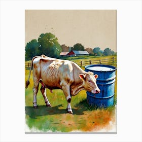 Cow By A Water Barrel Canvas Print