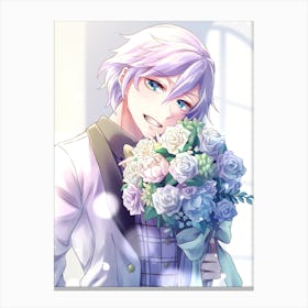 Anime Boy Holding A Bouquet Of Flowers Canvas Print