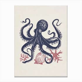Blue Red Linocut Octopus With Shells 1 Canvas Print