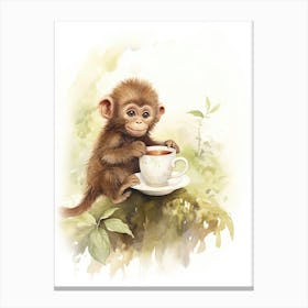 Monkey Painting Drinking Tea Watercolour 4 Canvas Print