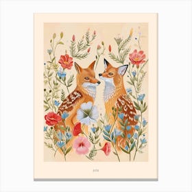 Folksy Floral Animal Drawing Fox Poster Canvas Print
