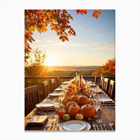 An Autumnal Thanksgiving Dinner Setting Where The Wooden Table Basks Under Golden Afternoon Sun A (6) Canvas Print