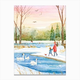 Watercolor Illustration Of A Serene Siberian Park In Winter Featuring A Tranquil Frozen Lake With A (1) Canvas Print